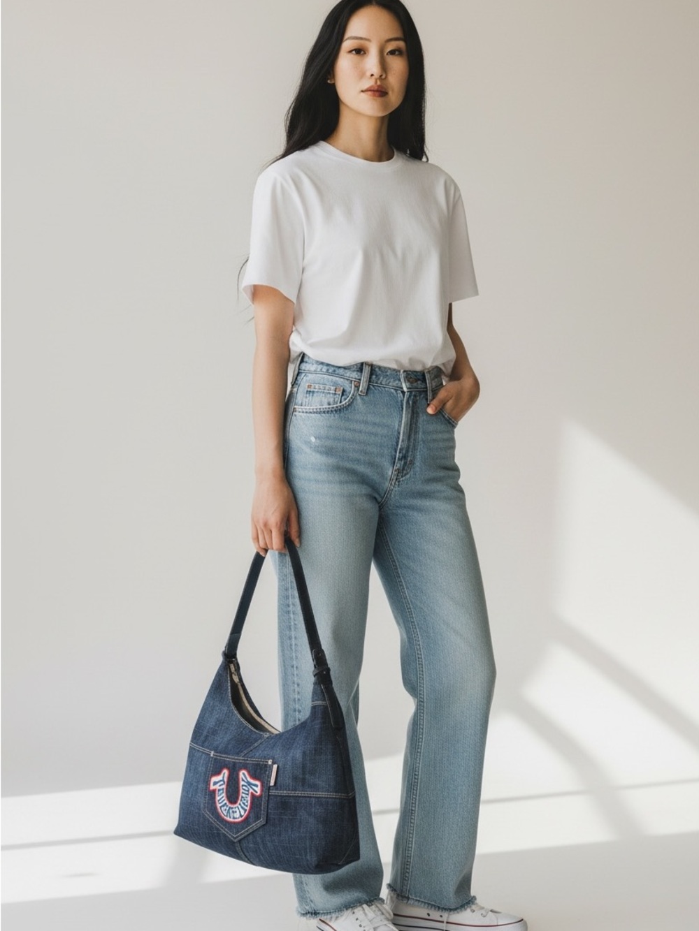 True Religion Denim Habo Bag in Dark Blue with Red & White Logo